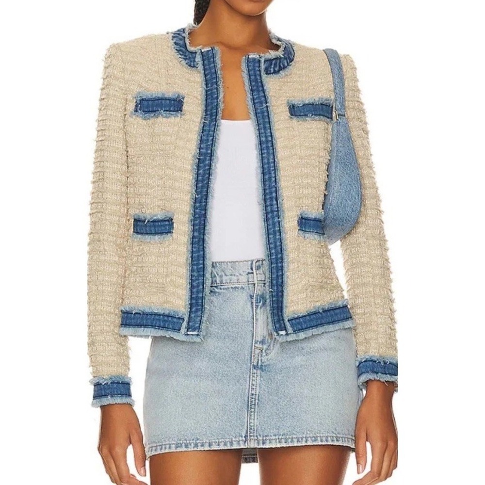 L'agence Agnes Tweed Open Front Cardigan Jacket Blazer Oxford Tan XS